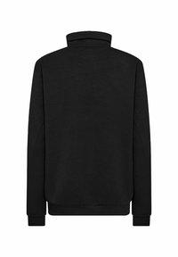 Felpa nera con colletto alto, maniche lunghe e polsini a coste. Realizzata in un tessuto liscio con un design a tinta unita.