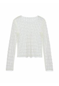 Hvit langermet topp med gjennomsiktig tekstur, med intrikate sølvperle detaljer i et vertikalt mønster over stoffet.