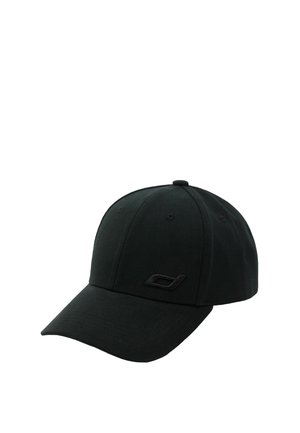 Czarna czapka z daszkiem typu baseball z zakrzywionym daszkiem i małym haftowanym logo na przednim panelu, na białym tle.