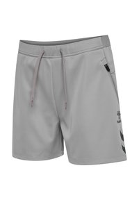 Lichtgrijze sportshorts met trekkoord in de taille, een zak met rits aan de zijkant en een zwarte chevron- en bijenlogo op het rechterbeen.