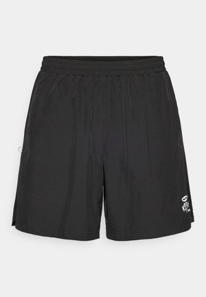 Black elastic waist shorts with a small white graphic on the lower front side, designed for casual or sportswear.