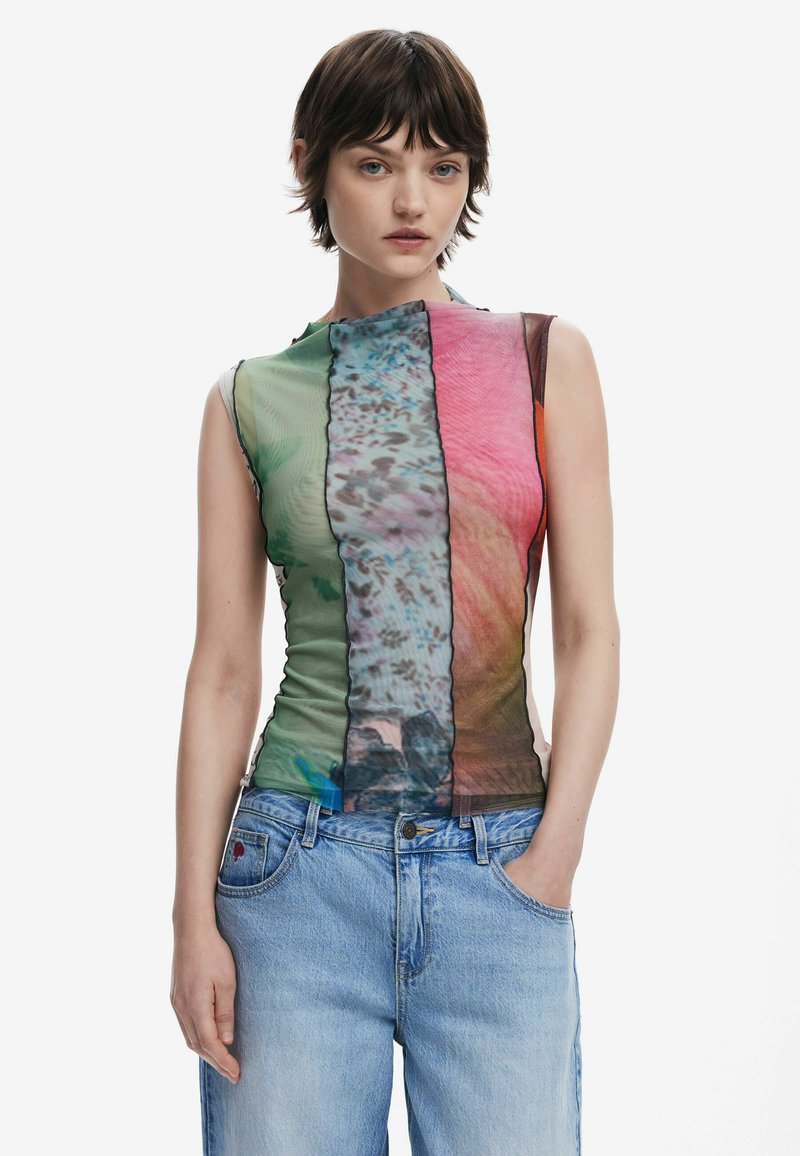 Textured sleeveless top featuring a mix of green, pink, and blue patterns. The design includes a fitted silhouette and sheer sections.