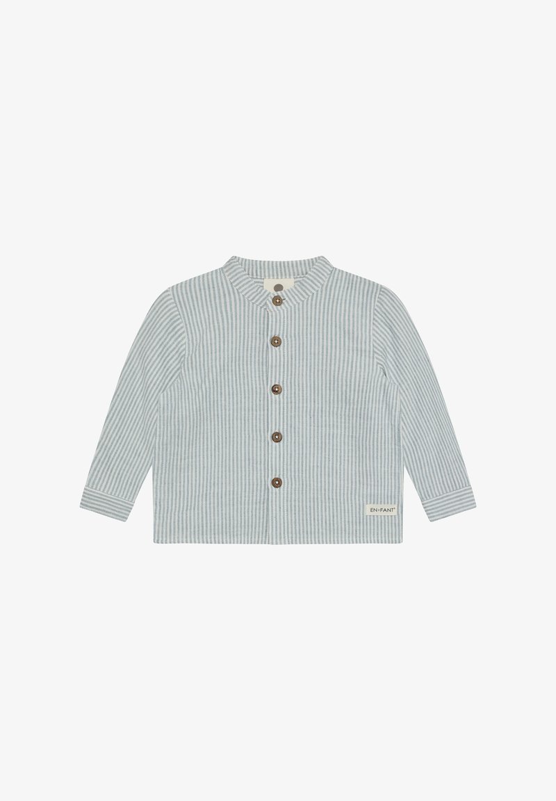 Striped light blue long-sleeve shirt with rounded collar, five brown buttons down the front, and a small label at the bottom left side.