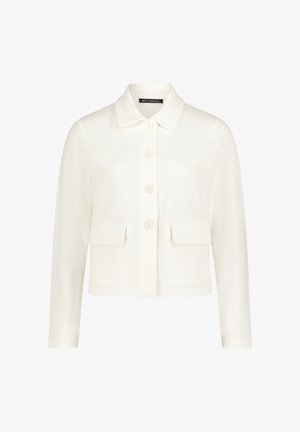 Witte textuur lange mouwen jas met een kraag, vier knopen aan de voorkant en twee klepzakken ter hoogte van de taille.