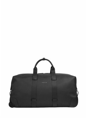 Black large travel duffle bag with dual handles, "CERRUTI 1881" logo, and wheels on one side for rolling.