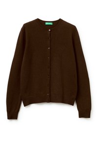 Brązowy dzianinowy kardigan z okrągłym kołnierzem, długimi rękawami i sześcioma guzikami z przodu. Miękka tekstura oraz ściągacze u dołu i na rękawach.