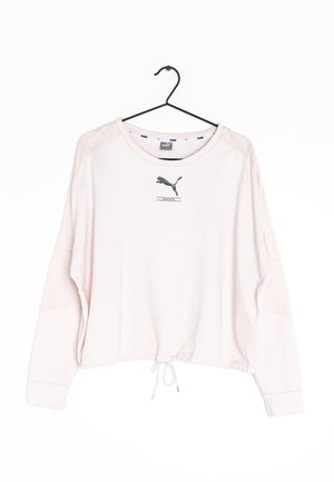 Světle růžová mikina s dlouhým rukávem, ribbed límcem a manžetami, která má šňůrkový spodní lem a malou černou logo Puma na přední straně.