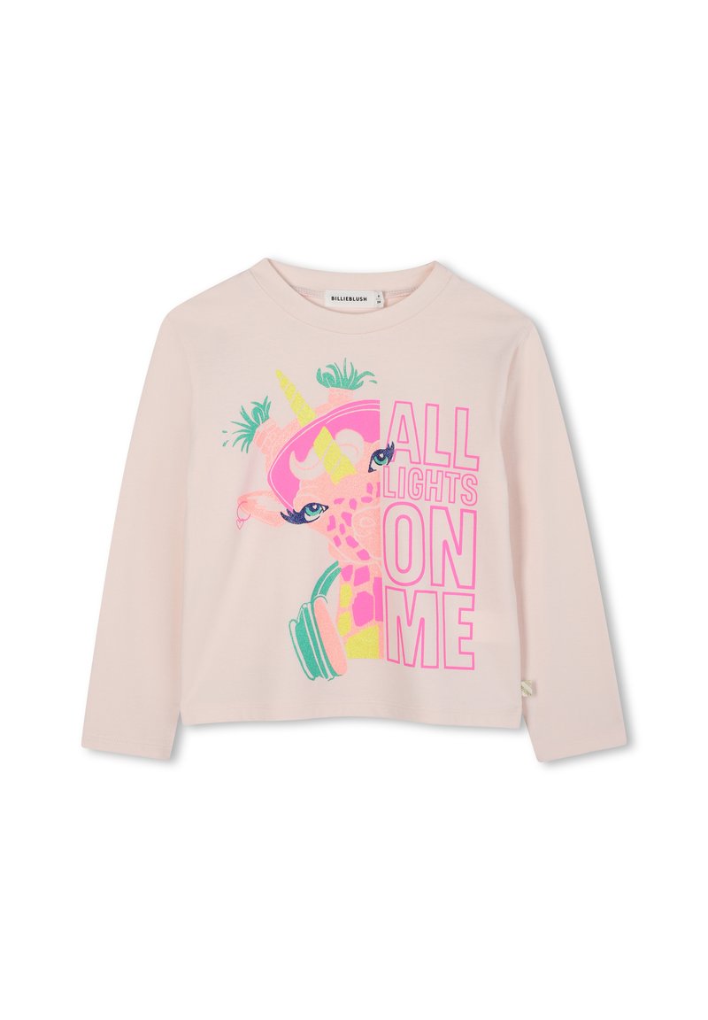 Ροζ ανοιχτόχρωμο πουκάμισο με μακριά μανίκια που απεικονίζει μια πολύχρωμη εικόνα μιας καμηλοπάρδαλης με ακουστικά, με έντονο κείμενο "ALL LIGHTS ON ME" σε νέον χρώματα.
