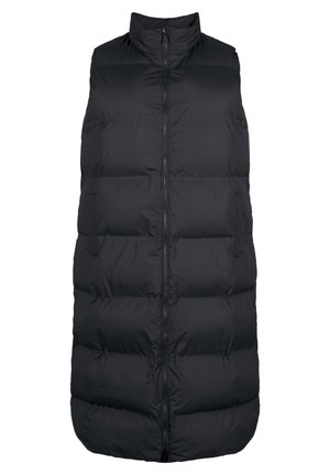 Black padded sleeveless vest with a high collar and a front zipper. Features a quilted design with horizontal sections for added texture.