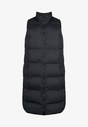 Black padded sleeveless vest with a high collar and a front zipper. Features a quilted design with horizontal sections for added texture.