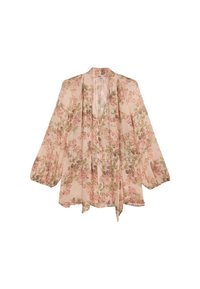 Blusa floreale realizzata in tessuto leggero, con una base rosa decorata da motivi floreali verdi e rosa, maniche lunghe e scollatura a V.