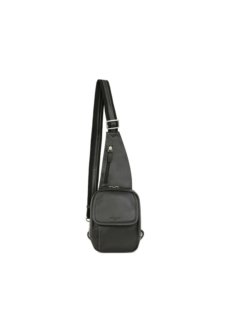 Borsa a tracolla nera in pelle con cinturino regolabile, dotata di un vano principale con zip e una tasca frontale. Texture liscia, design compatto.