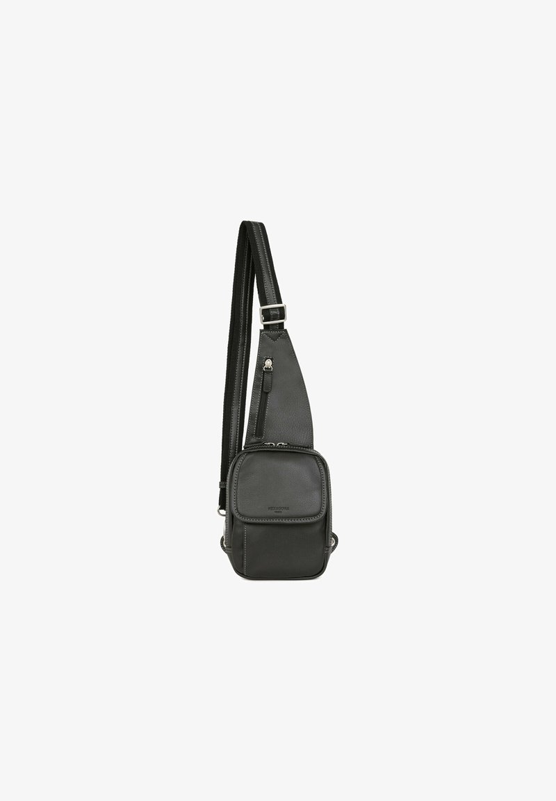 Borsa a tracolla nera in pelle con cinturino regolabile, dotata di un vano principale con zip e una tasca frontale. Texture liscia, design compatto.