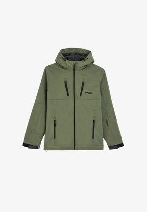 Oliwkowa wodoodporna kurtka z kapturem, czarne zamki błyskawiczne i wiele przednich kieszeni. Posiada regulowane mankiety i logo na klatce piersiowej.