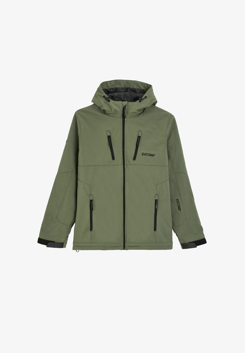 Oliwkowa wodoodporna kurtka z kapturem, czarne zamki błyskawiczne i wiele przednich kieszeni. Posiada regulowane mankiety i logo na klatce piersiowej.