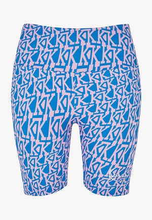 Modré a ružové atletické šortky s vzorom, ktoré majú grafický dizajn, priliehavý strih, elastický pás a hladký, pružný materiál.