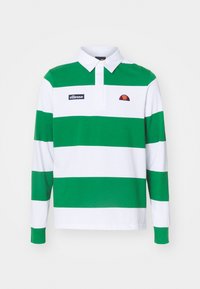 Gestreiftes Poloshirt in Grün- und Weißtönen mit langen Ärmeln und Kragen, versehen mit einem gestickten Logo auf der Brust und einfarbigen grünen Bündchen.