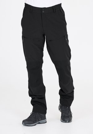 Schwarze Outdoor-Hosen mit elastischem Bund, Reißverschlusstaschen und verstärktem Kniefabric. Glatte Textur mit körpernahem Design.