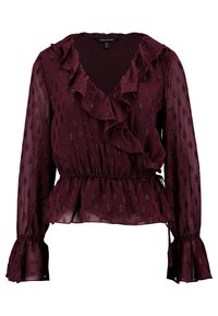 Blusa bordeaux in tessuto leggero e trasparente con bordo arricciato, maniche lunghe, vita elastica e un motivo metallico sparso.