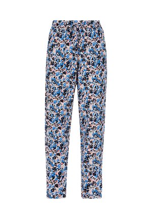 Bloemmotieven broek in blauw, pink en zwart, met een trekkoord in de taille en een relaxte pasvorm. Gemaakt van zachte stof voor comfort.