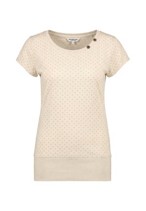 Beige Kurzarmhemd mit kleinen Polka-Punkten, rundem Ausschnitt, geripptem Saum und zwei Knöpfen nahe dem Kragen auf der rechten Seite.