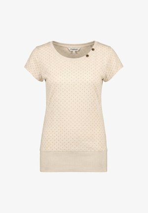 Beige Kurzarmhemd mit kleinen Polka-Punkten, rundem Ausschnitt, geripptem Saum und zwei Knöpfen nahe dem Kragen auf der rechten Seite.