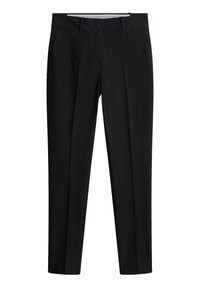 Black trousers made from a smooth fabric, featuring a straight leg, pressed creases, a button closure, and side pockets.