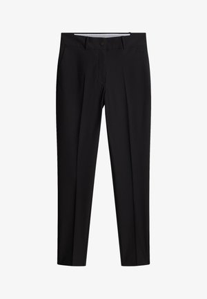 Svarta byxor tillverkade av ett slätt tyg, med rak benstil, pressade veck, knappstängning och sidofickor.