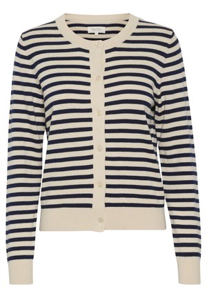 Cardigan a righe in crema e blu navy, con scollatura rotonda, chiusura a bottoni, polsini e orlo a coste. Tessuto a maglia morbido con righe orizzontali.