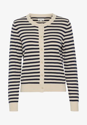 Gestreepte cardigan in crème en marineblauw, met een ronde halslijn, knoopsluiting aan de voorkant, ribgebreide manchetten en zoom. Zachte gebreide stof met horizontale strepen.