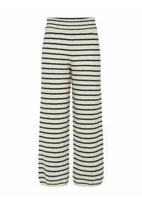 Dryžuoti plačiakelniai vartai kremiškoje ir juodoje spalvose. Pagaminti iš minkštos medžiagos, su horizontaliais dryžiais ir glaustu liemeniu, užtikrinančiu komfortą.