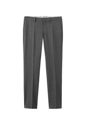 Harmaat räätälöidyt housut, joissa on sileä pinta, kaksi etutaskua ja klassinen suora lahjemalli. Hillitty ruutukuosi kauttaaltaan.