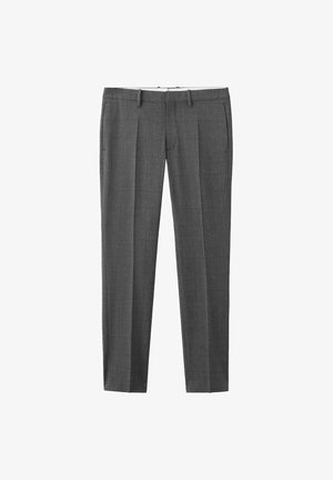 Grå skræddersyede bukser med en glat tekstur, to forlommer og et klassisk design med lige ben. Diskret ternet mønster over det hele.