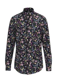 Camicia a maniche lunghe con motivo floreale su sfondo nero. Presenta colori vari tra cui rosa, giallo e verde; colletto e polsini con bottoni.