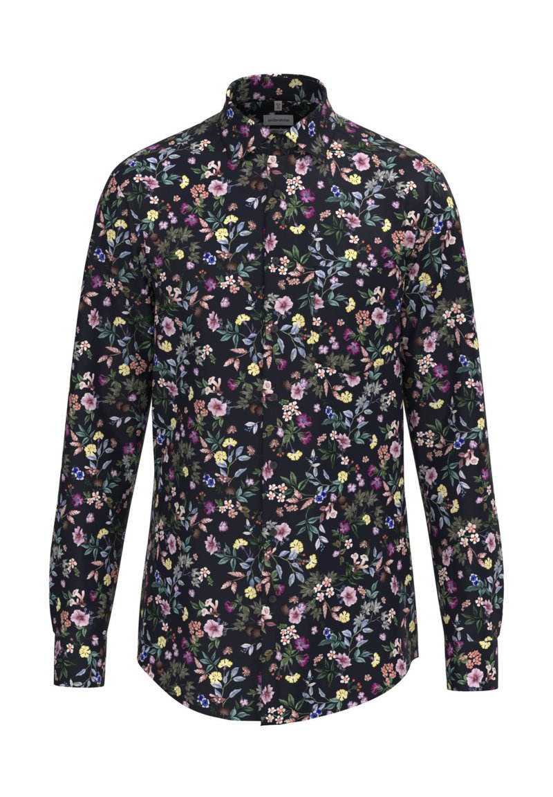 Camicia a maniche lunghe con motivo floreale su sfondo nero. Presenta colori vari tra cui rosa, giallo e verde; colletto e polsini con bottoni.