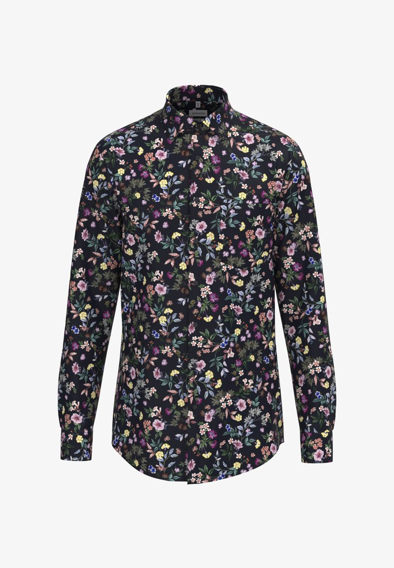 Bloemenpatroon langemouwen shirt met een zwarte achtergrond. Bevat verschillende kleuren waaronder roze, geel en groen; met knoopsluiting bij de kraag en manchetten.