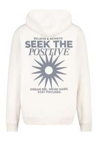 Sudadera blanca con un gran gráfico de estrella radial gris y texto motivacional en la parte trasera. Cuenta con capucha ajustable y puños de canalé.