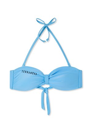 Top bikini bandeau azzurro chiaro con nodo centro davanti, laccetto al collo e scritta ""TERRANOVA"" stampata sulla coppa sinistra.