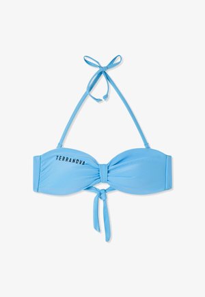 Top bikini bandeau azzurro chiaro con nodo centro davanti, laccetto al collo e scritta ""TERRANOVA"" stampata sulla coppa sinistra.
