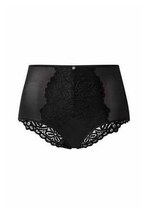 Ropa interior femenina negra de talle alto con panel delantero de encaje floral y ribete de encaje alrededor de las piernas, con un pequeño botón decorativo en la parte superior.