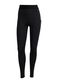 Leggings neri realizzati in tessuto elastico, con vita alta, tasche laterali, texture liscia e design aderente.