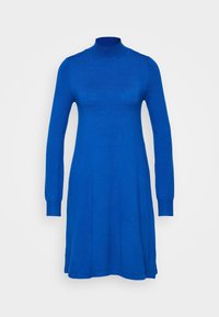 Blå stickad klänning med lång ärm, hög halsringning och avkopplad passform, med en jämn textur och längd under knäet.