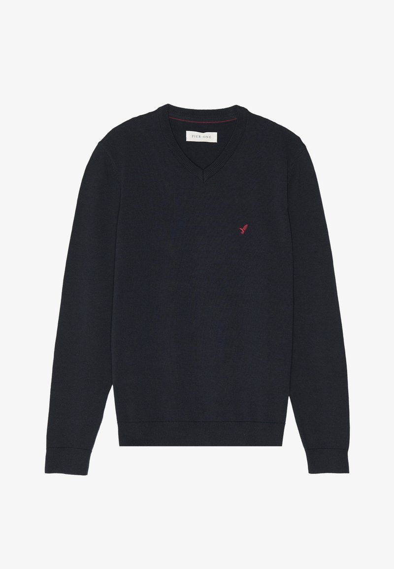 Marineblauer V-Ausschnitt-Pullover mit langen Ärmeln, gerippten Bündchen und Saum sowie einem kleinen roten Vogel-Logo auf der linken Brust.