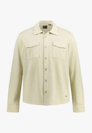 Light beige button-up shirt with a collar, two chest pockets, and wooden buttons. Features long sleeves and a straight hem.