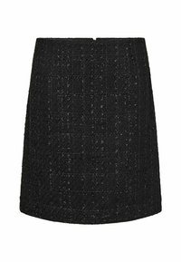 Mini-jupe noire en tissu tissé avec un motif en grille texturé. Présente une coupe droite et une fermeture éclair dissimulée au dos.