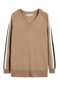 Brauner V-Ausschnitt-Pullover mit strukturierter Oberfläche. Verfügt über schwarz-weiße Streifen an den Ärmeln. Lockere Passform und gerippter Saum.