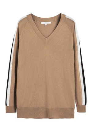 Pull en V marron avec une finition texturée. Caractéristiques de rayures noires et blanches sur les manches. Coupe décontractée et ourlet côtelé.