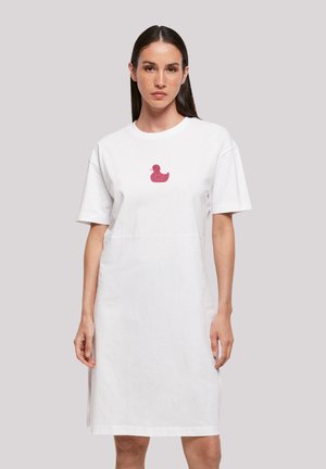Weißes Baumwoll-T-Shirt-Kleid mit einem rosa Gummienten-Graphic in der Mitte. Kurze Ärmel, lockere Passform und knielanges Design.