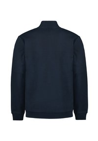 Navyblauwe sweatshirt met een ronde hals, ribgebreide mouwen en onderrand, met een eenvoudige, gladde textuur en zonder zichtbare logo's of patronen.