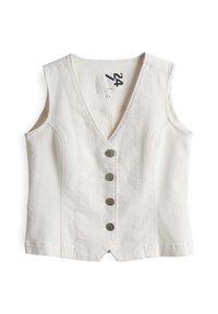 Weißer Jeansweste mit V-Ausschnitt, fünf silbernen Knöpfen auf der Vorderseite und offenen Armausschnitten. Sauberes Design und subtile Nähdetails.